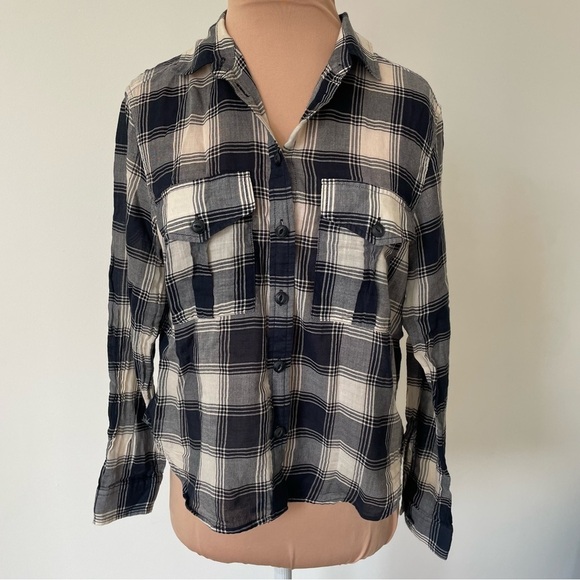 Rag and Bone Navy White Check Plaid Quinn Cropped Button Down Shirt EUC Size XXS - Picture 4 of 11